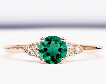 Emerald and diamond engagement ring handmade in gold or platinum antique 1920s art deco inspired