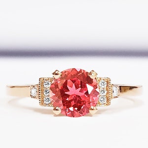 Padparadscha sapphire and diamond engagement ring handmade in white/yellow/rose gold or platinum antique 1920s art deco inspired