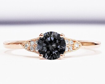 Midnight grey moissanite and diamond engagement ring handmade in gold or platinum antique 1920s art deco inspired