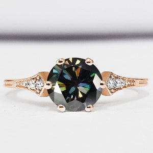 Moonlight moissanite and diamond engagement ring handmade in gold or platinum antique 1920s art deco inspired