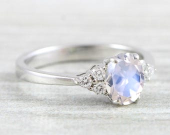 Moonstone and Diamond oval engagement ring in white/rose/yellow gold for her handmade ring UK