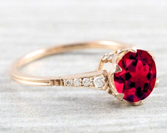 Ruby and diamond art deco 1920's three stone trilogy engagement engraved thin ring handmade in rose/yellow/white gold or platinum