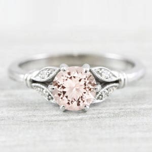 Morganite and diamond round engagement solitaire nature inspired leaf floral ring in gold handmade for her UK