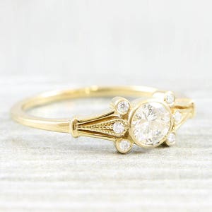 Diamond handmade engagement ring round art deco 1920's inspired ring in 14 carat yellow gold for her unique