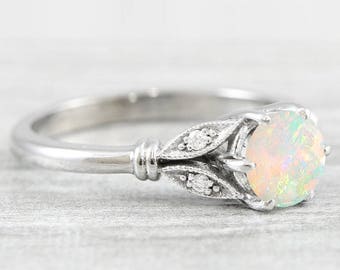 Opal and diamond engagement solitaire nature inspired leaf floral ring in gold handmade for her UK