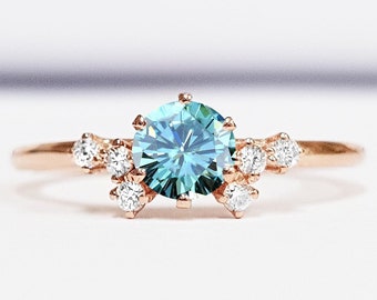 Light blue moissanite and diamond unique engagement ring in white/yellow/rose gold or platinum handmade