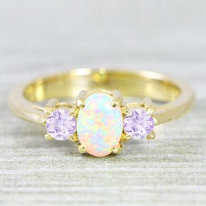 Opal and amethyst engagement ring handmade trilogy three stone in rose/white/yellow gold or platinum unique image 1