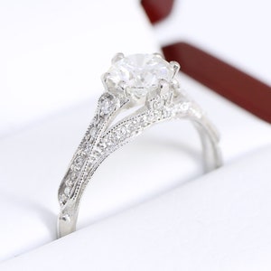 Antique inspired moissanite and diamond engagement ring handmade in white/rose/yellow gold or platinum