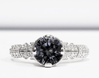 Antique inspired midnight moissanite and diamond engagement ring handmade in white/rose/yellow gold or platinum