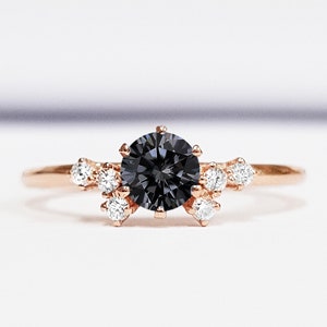Midnight grey Moissanite and diamond unique engagement ring in white/yellow/rose gold or platinum handmade