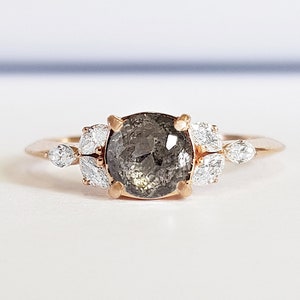 Salt and pepper rose cut diamond engagement ring with marquise accent nature inspired leaf shape ring in gold or platinum