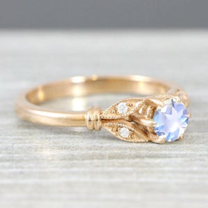 Moonstone and diamond engagement solitaire nature inspired leaf ring in gold handmade