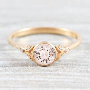 Morganite and diamond round engagement solitaire nature inspired leaf floral ring in gold or platinum handmade for her UK