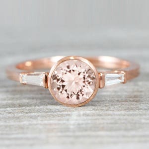 Morganite and diamond/moissanite engagement ring handmade in gold or platinum with baguette accent stones image 1