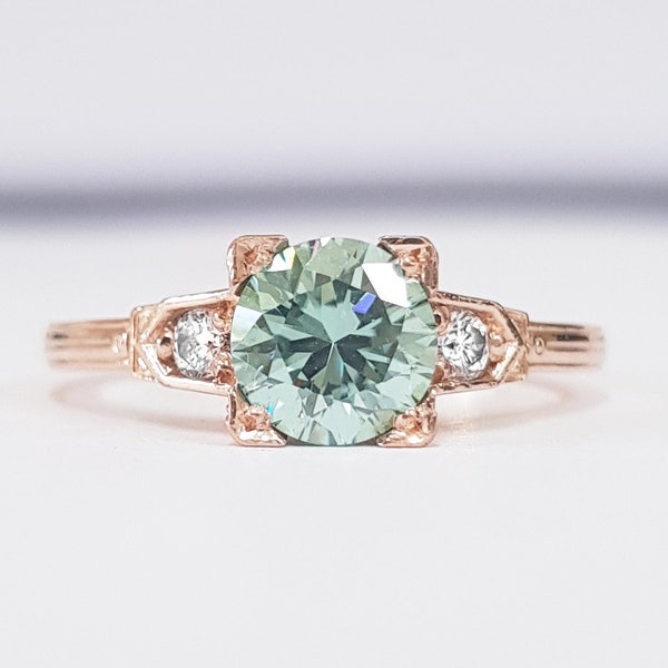 Mint moissanite and diamond engagement ring handmade in white/yellow/rose gold or platinum art deco inspired