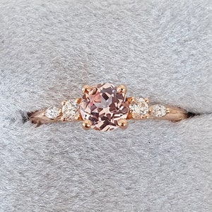 Champagne rose sapphire engagement ring handmade in rose gold with diamonds marquise 5 stone antique inspired