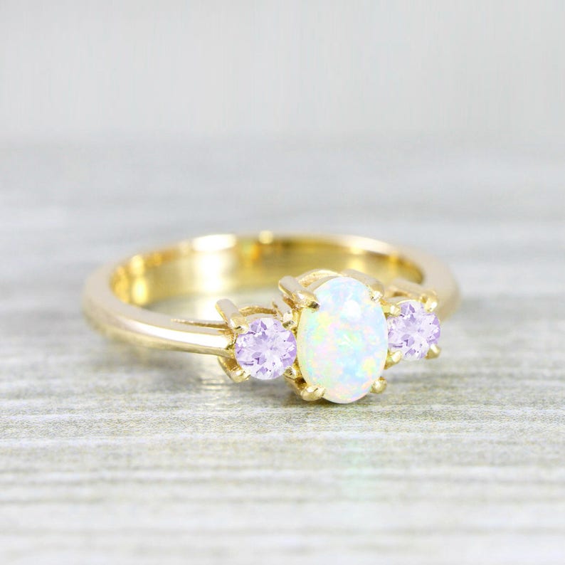 Opal and amethyst engagement ring handmade trilogy three stone in rose/white/yellow gold or platinum unique image 2