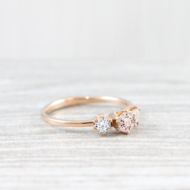 Morganite and diamond/moissanite trilogy 3 stone engagement ring handmade in gold or platinum image 1