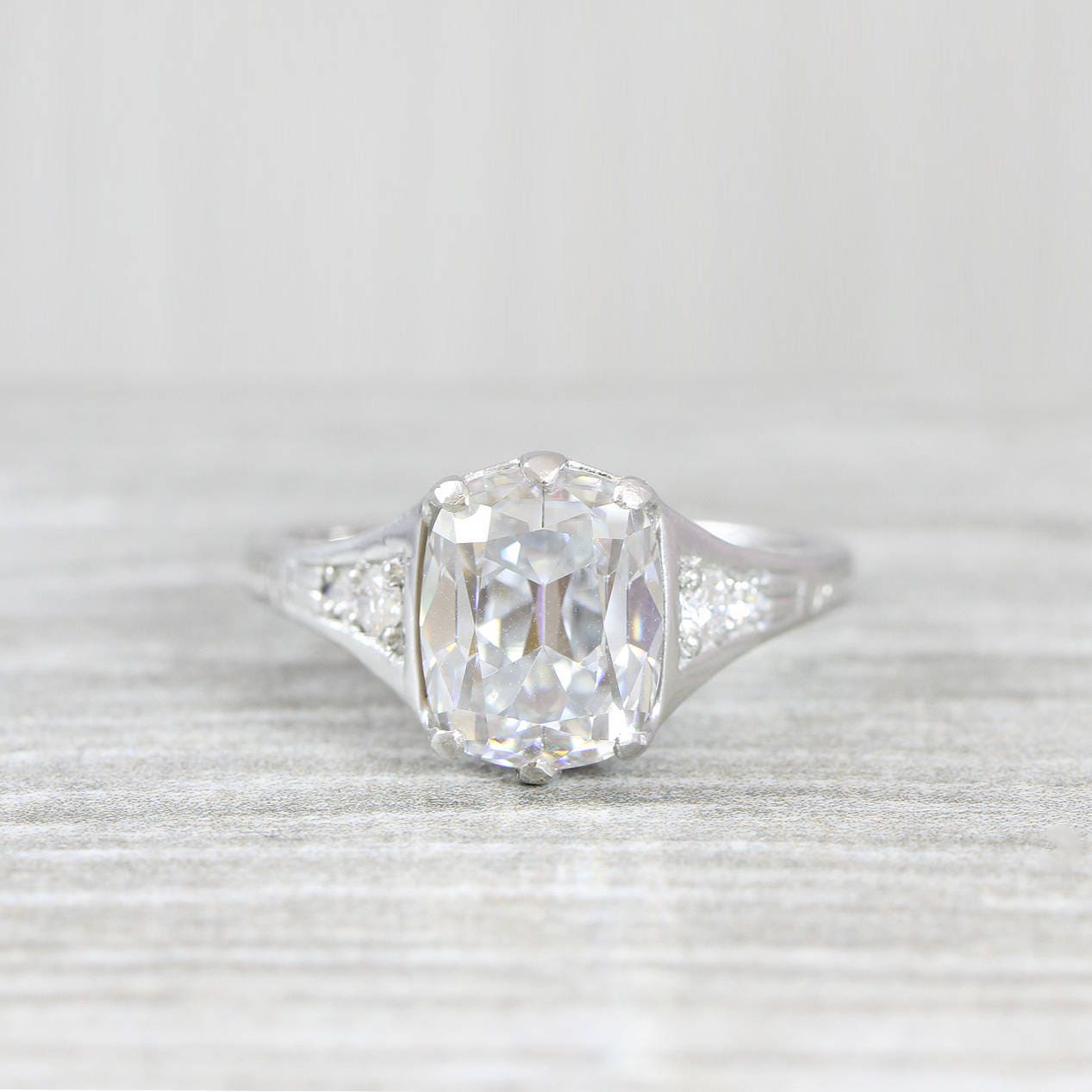 Cushion Moissanite and diamond engagement ring art deco | Etsy
