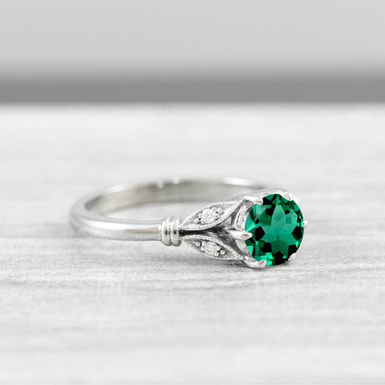 Lab Grown Emerald and Diamond Round Engagement Solitaire - Etsy