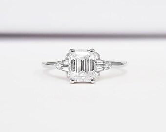 Moissanite and Diamond Emerald Cut Engagement Ring