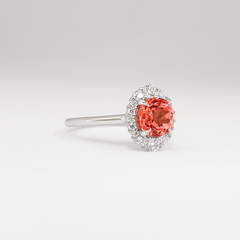 Peach padparadscha sapphire and moissanite art deco 1920's inspired engagement ring in yellow/rose/white gold or platinum image 2