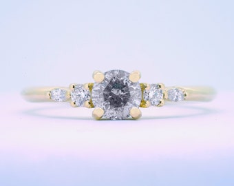 Salt and Pepper Diamond Engagement 5 Stone Ring Handmade