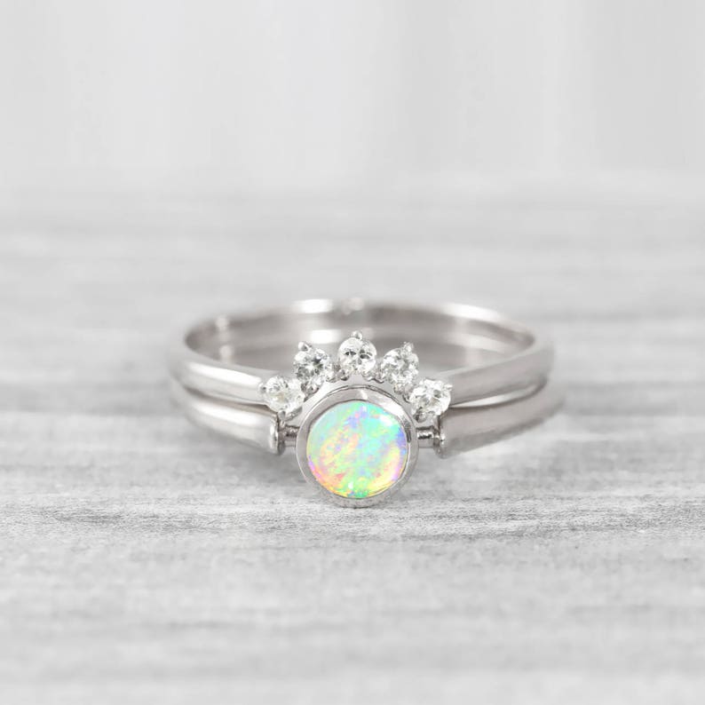 Opal and diamond engagement wedding ring set handmade in rose/white/yellow gold art deco inspired thin petite band minimal simple unique image 5