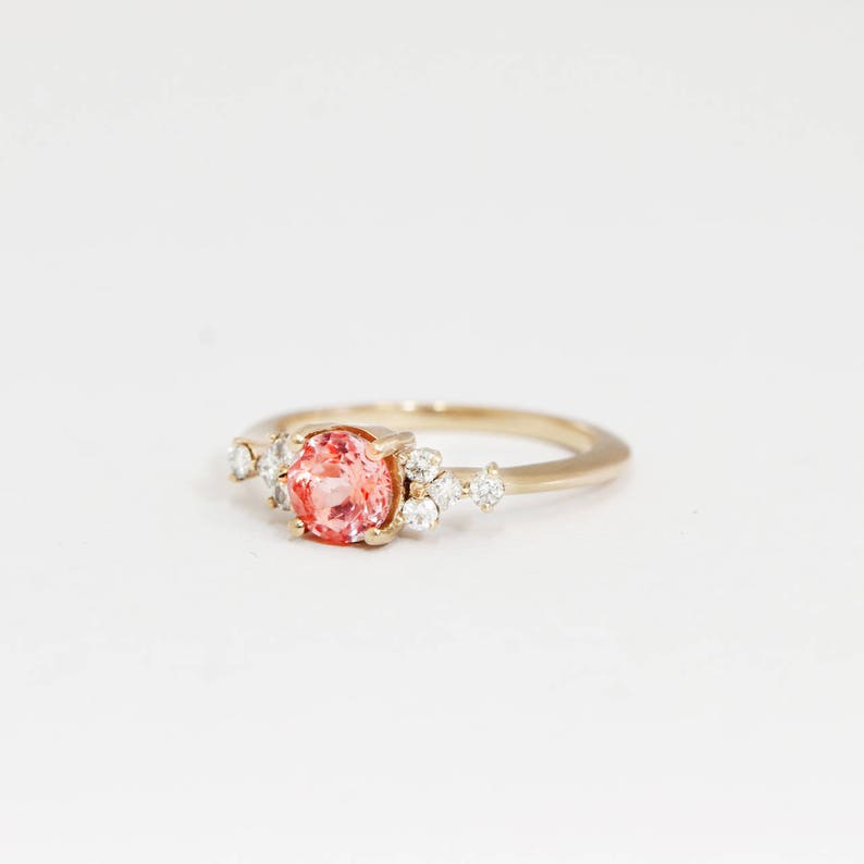Peach padparadscha sapphire and Diamond engagement ring handmade in yellow/white/rose gold cluster delicate petite thin band image 3