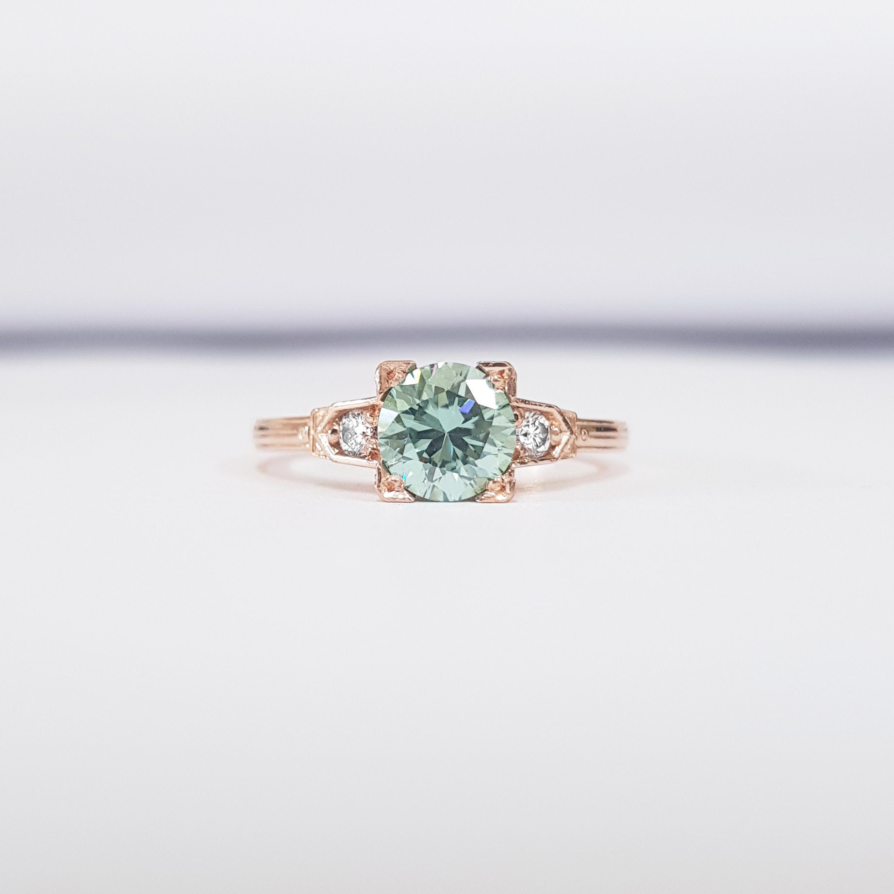 Mint Moissanite and Diamond Engagement Ring Handmade in White