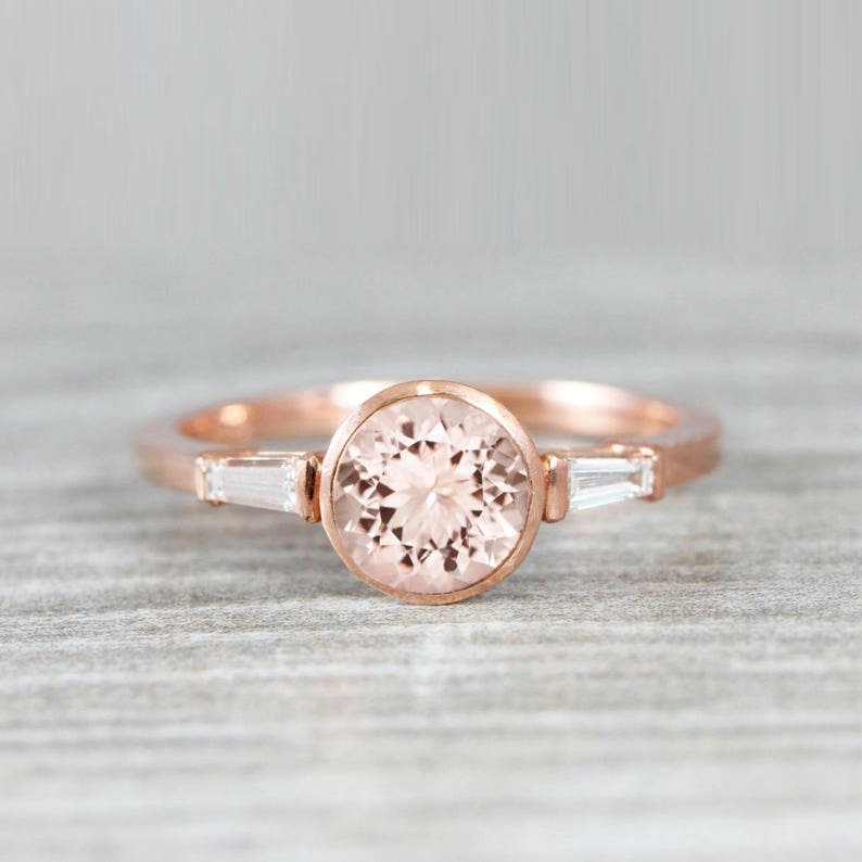 Morganite and diamond/moissanite engagement ring handmade in gold or platinum with baguette accent stones image 1