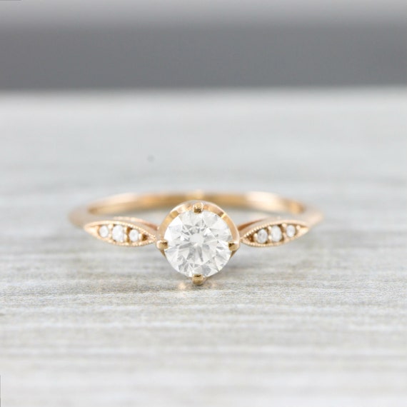 Moissanite and Diamond Engagement Ring Handmade in Gold Art Deco