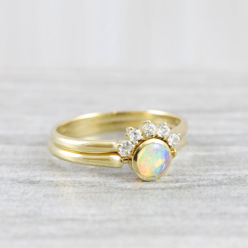 Opal and diamond engagement wedding ring set handmade in rose/white/yellow gold art deco inspired thin petite band minimal simple unique image 2