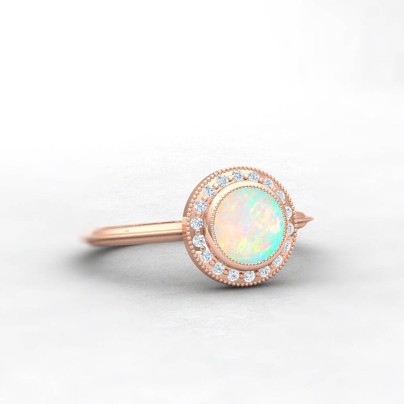Opal and Diamond Halo Bezel Rubover Engagement Ring in - Etsy