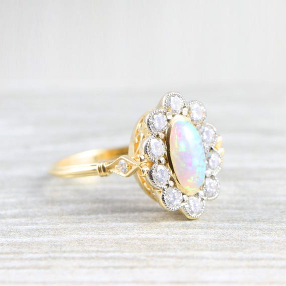 Bespoke Oval Opal and Diamond Halo Ring in 14 Carat Gold | Etsy