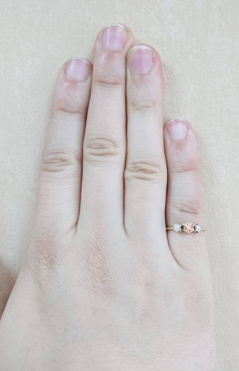 Morganite and diamond/moissanite trilogy 3 stone engagement ring handmade in gold or platinum image 4
