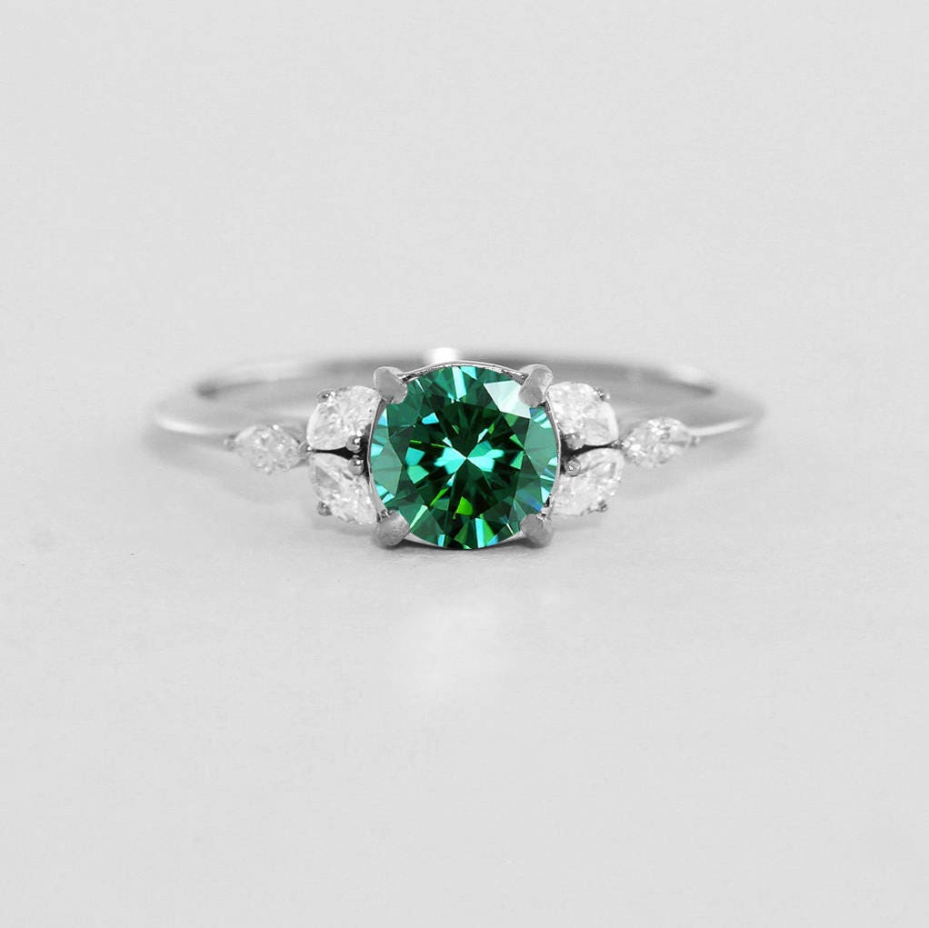 Teal Green Moissanite and Diamond Engagement Ring With | Etsy