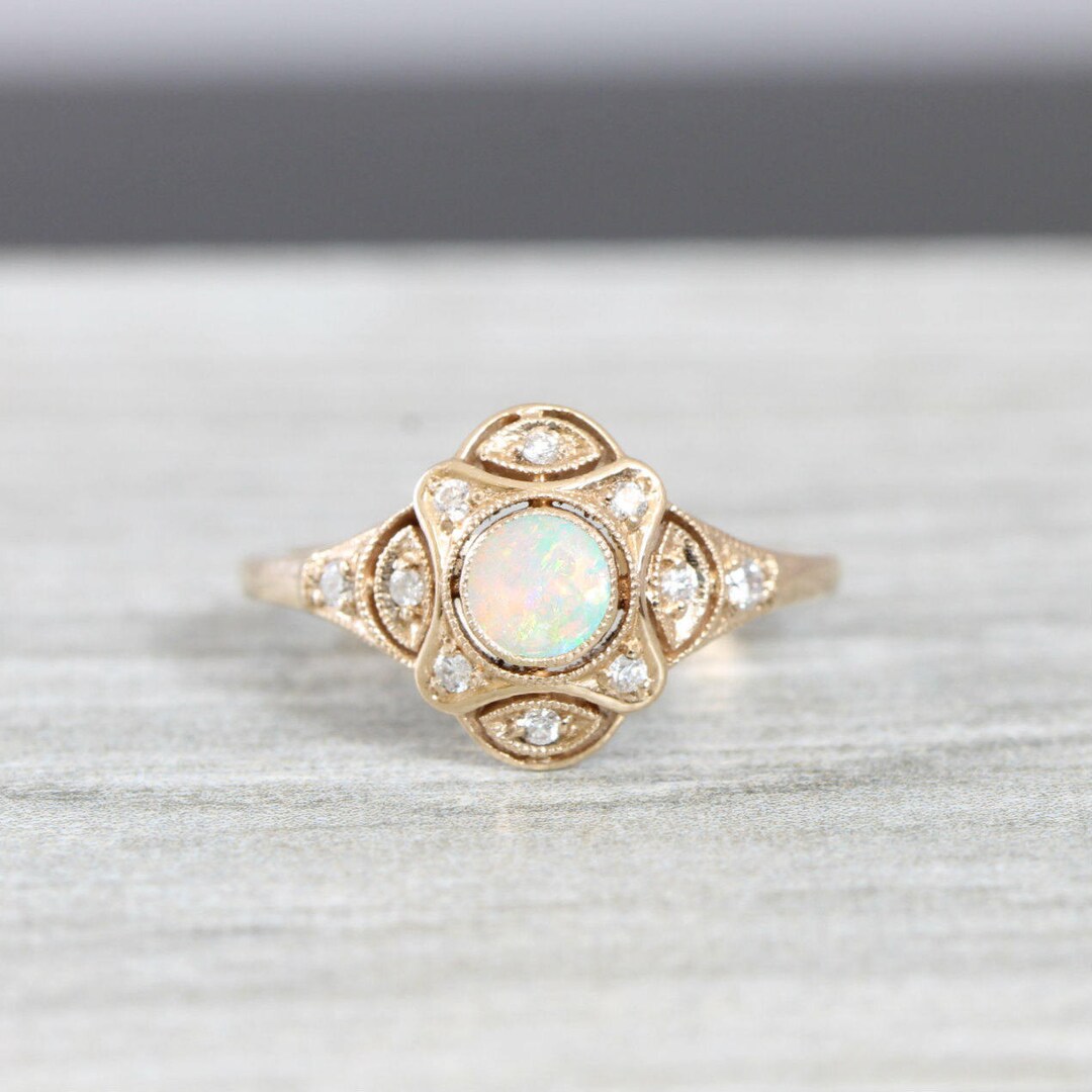 Opal and Diamond Art Deco Inspired Handmade Engagement Ring in - Etsy