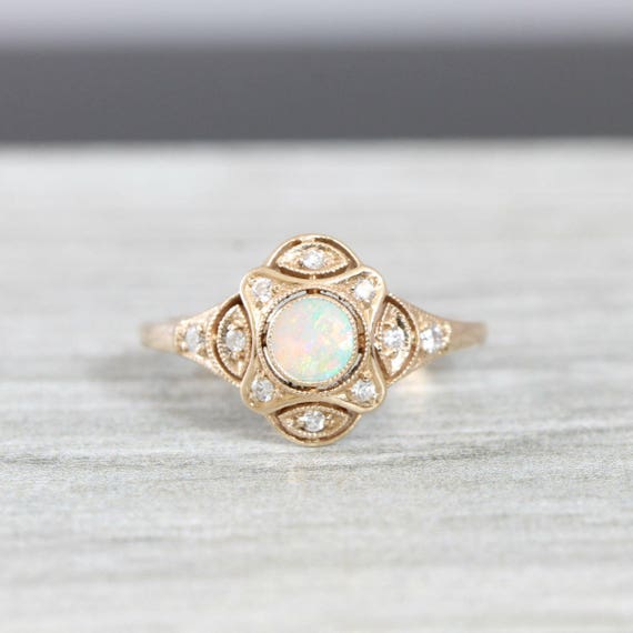 Opal and Diamond Art Deco Inspired Handmade Engagement Ring in | Etsy