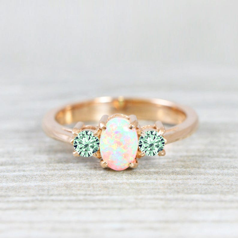 Opal and mint Moissanite engagement ring handmade trilogy Etsy