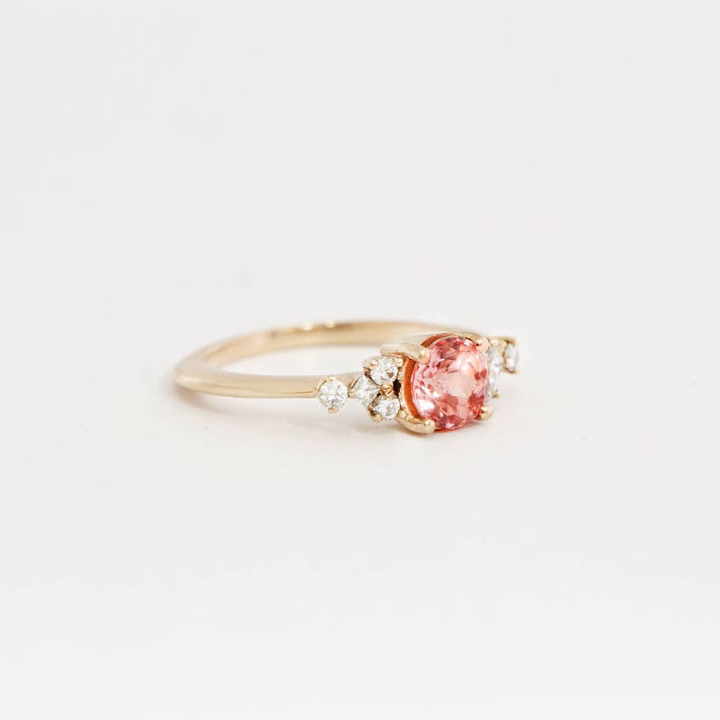 Peach padparadscha sapphire and Diamond engagement ring handmade in yellow/white/rose gold cluster delicate petite thin band image 2