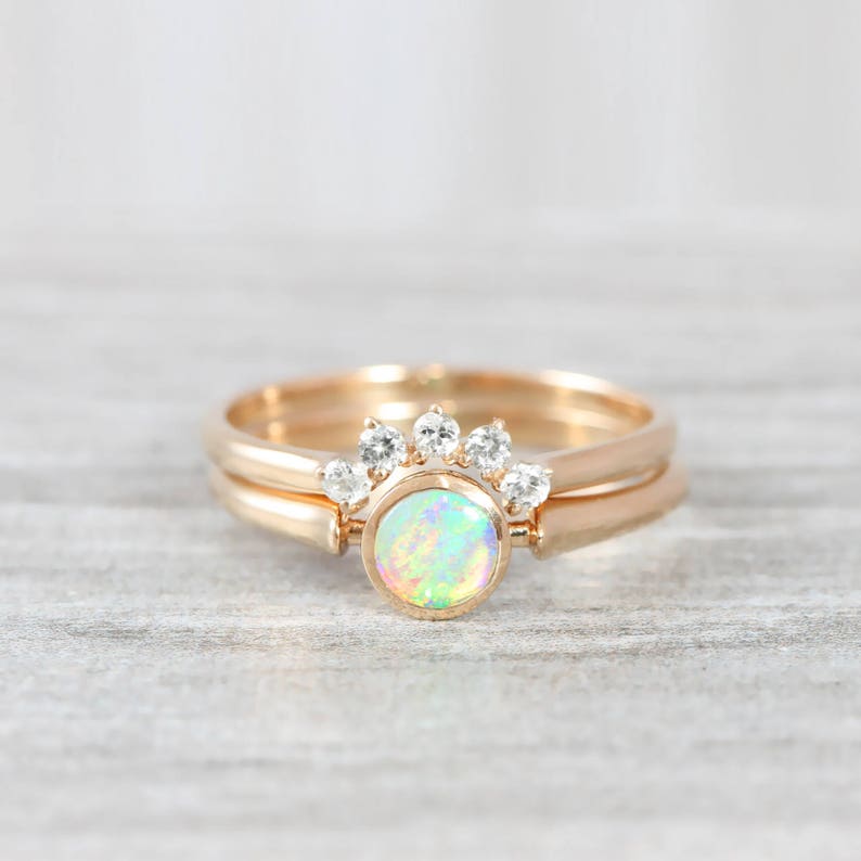 Opal and diamond engagement wedding ring set handmade in rose/white/yellow gold art deco inspired thin petite band minimal simple unique image 4