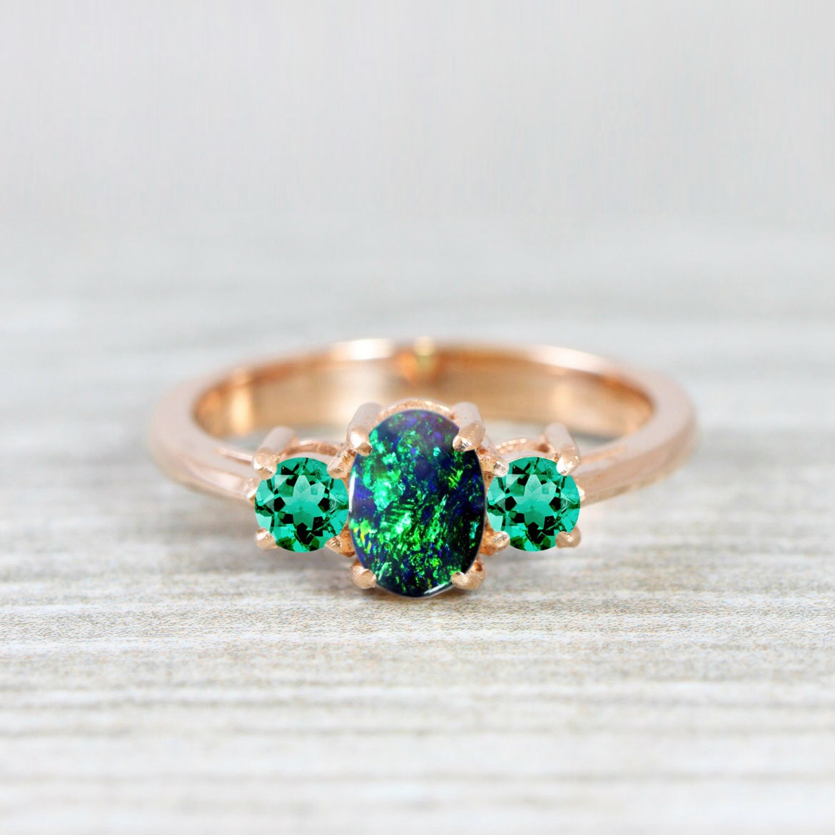 Black Opal and Emerald Engagement Ring Handmade Trilogy Three Etsy UK