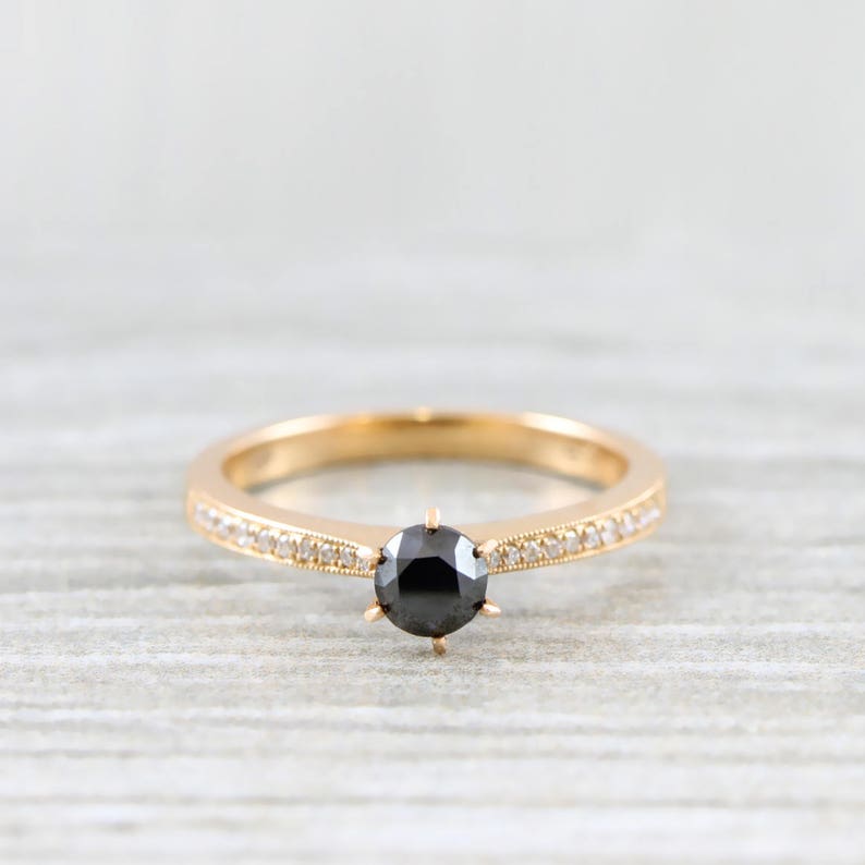 Black and white diamond rose gold engagement ring art deco 1920's inspired thin petite band unique image 1