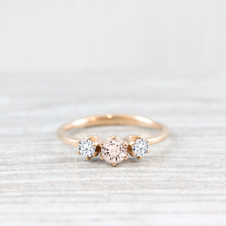 Morganite and diamond/moissanite trilogy 3 stone engagement ring handmade in gold or platinum image 2