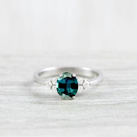 Teal sapphire and diamond oval engagement ring in | Etsy