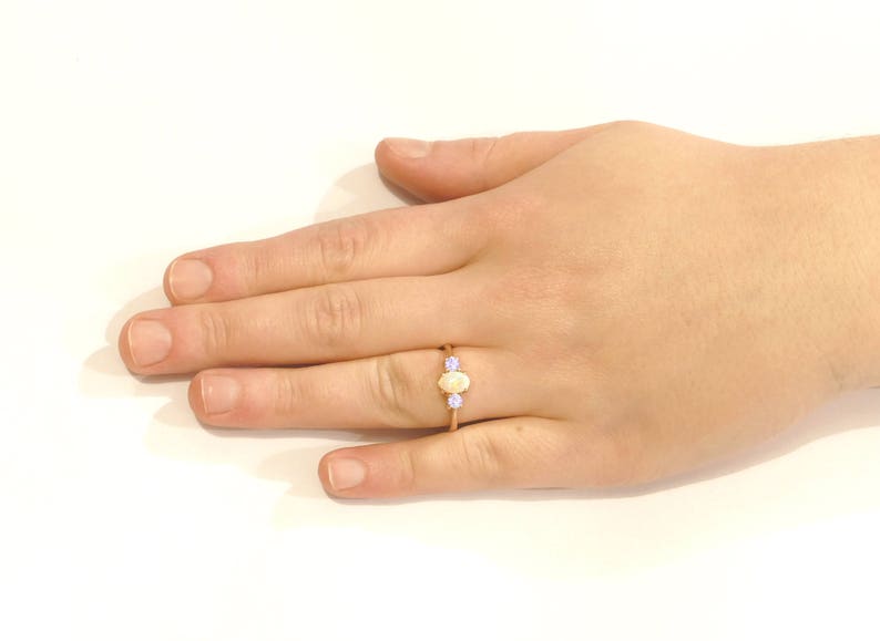 Opal and amethyst engagement ring handmade trilogy three stone in rose/white/yellow gold or platinum unique image 4