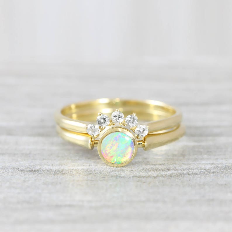 Opal and diamond engagement wedding ring set handmade in rose/white/yellow gold art deco inspired thin petite band minimal simple unique image 1