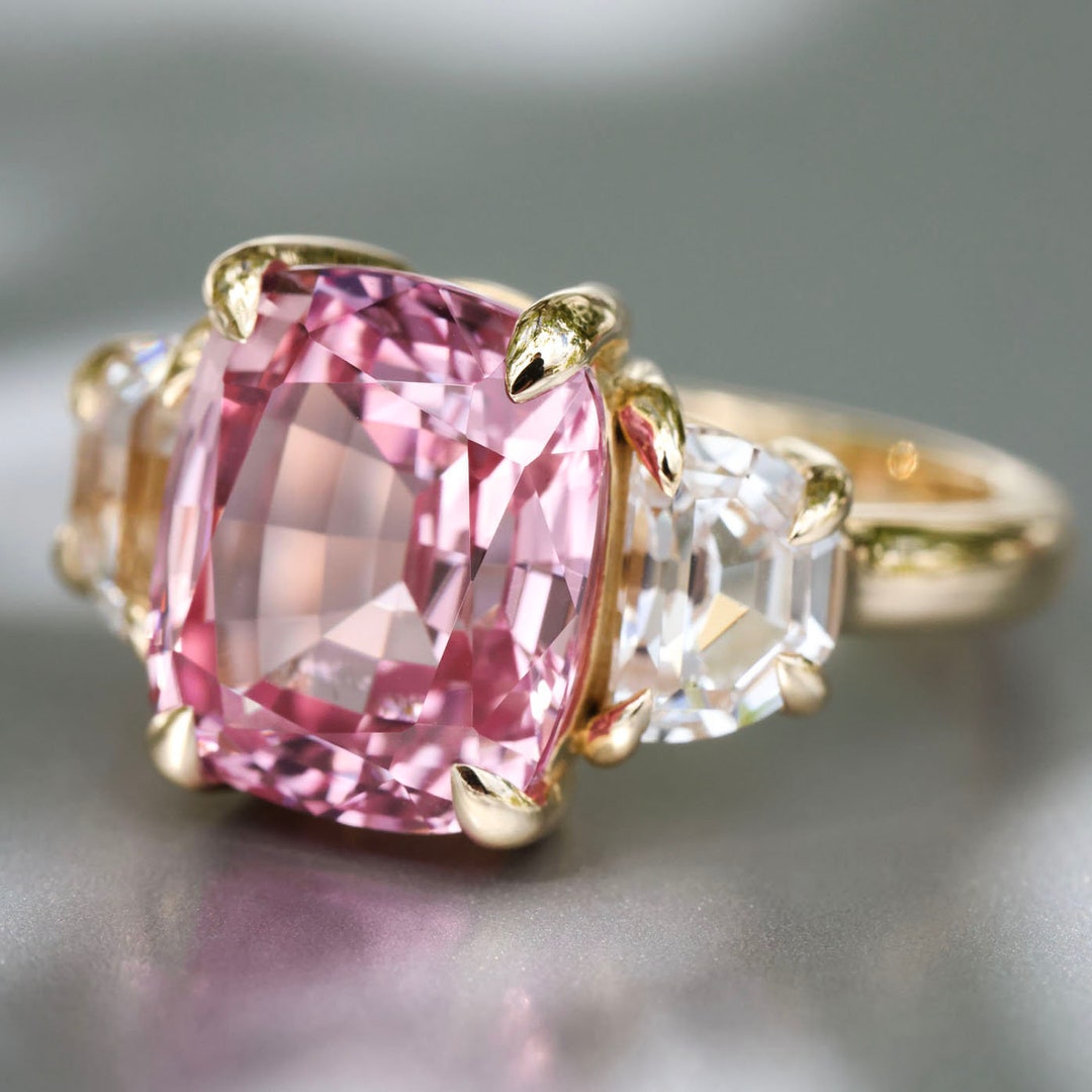 Elongated Antique Cushion Cut Pink Lotus Padparadscha Sapphire Engagement Ring 14k Yellow Gold