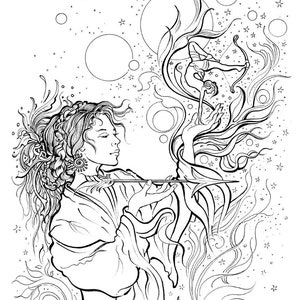 May include: A black and white line drawing of a woman holding a bow and arrow. The woman is surrounded by stars and moons. The drawing is in a whimsical style.